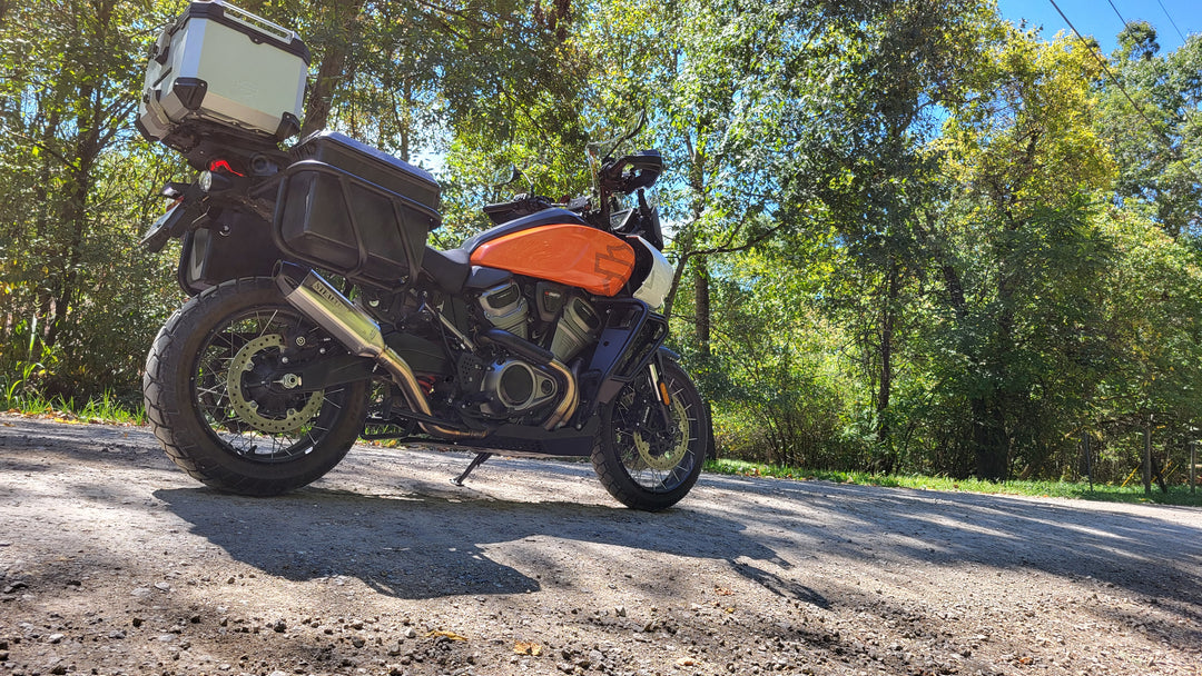 Rear angle of Harley Pan America with Stealth Pipes slip-on exhaust – American-made muffler