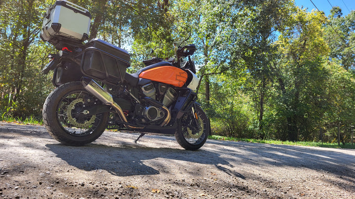 Rear angle of Harley Pan America with Stealth Pipes slip-on exhaust – American-made muffler