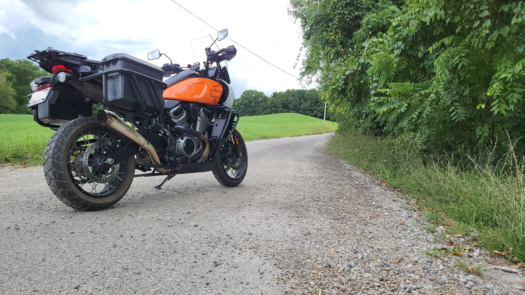 Adventure touring Harley Pan America with Stealth Pipes slip-on exhaust – American performance muffler