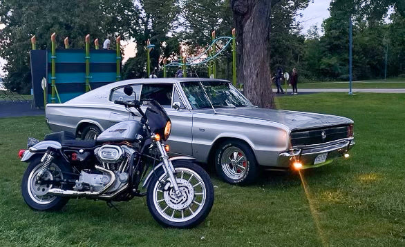 Harley Sportster motorcycle with Stealth Pipes exhaust system – rider lifestyle photo, 1986–2003 model