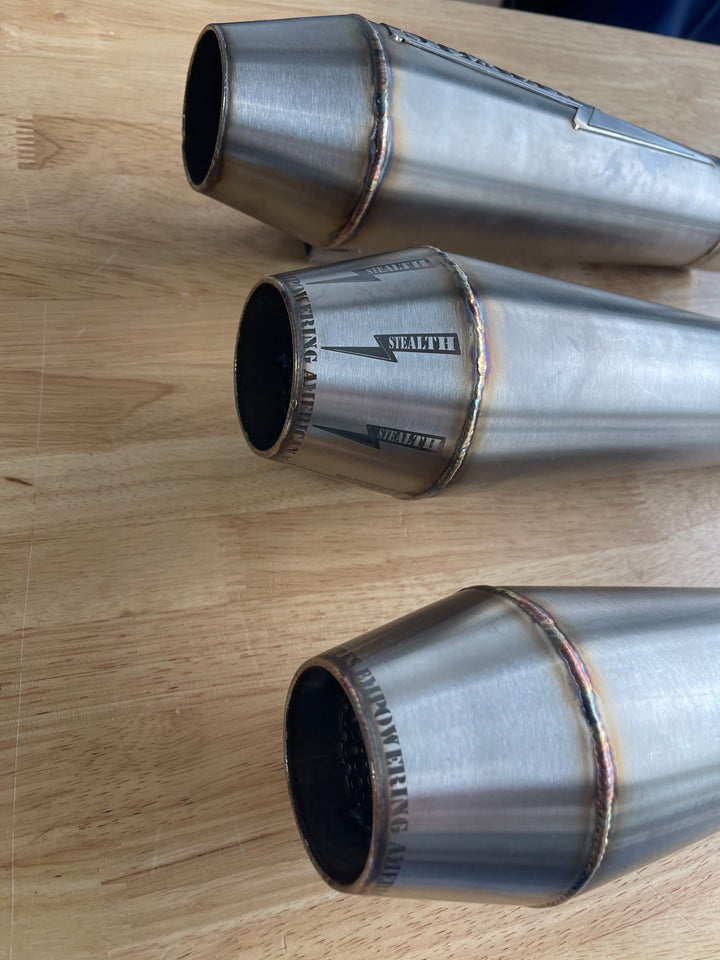 Stealth Pipes Reverse Cone Mufflers – polished stainless modular exhaust options