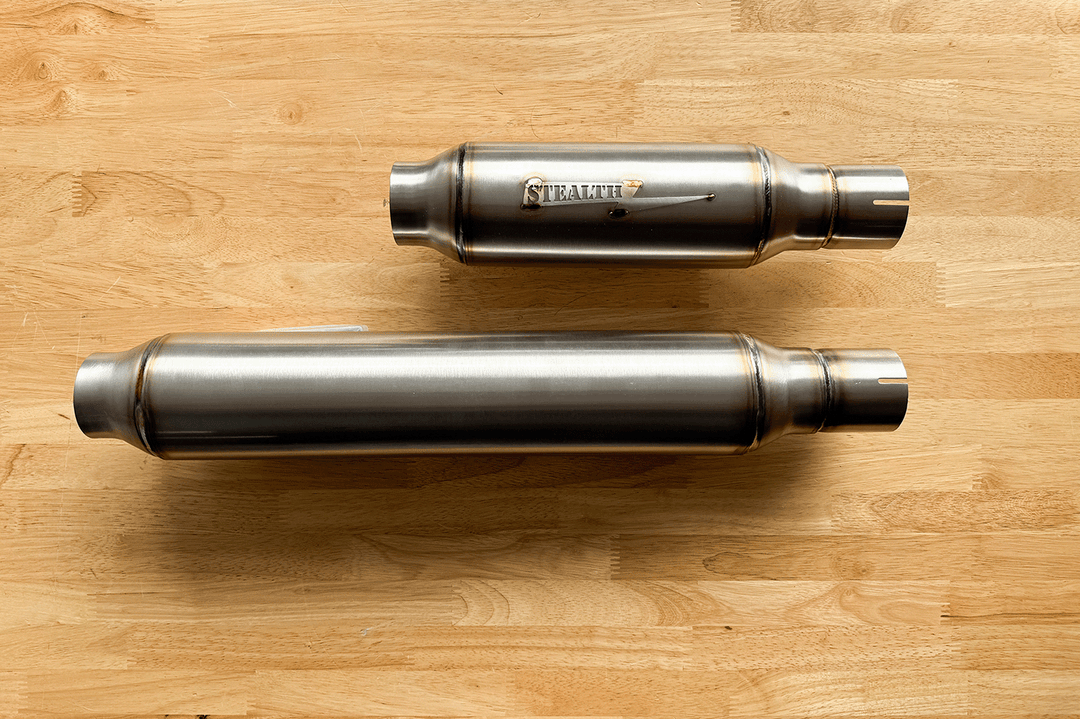 Stealth Pipes Mid-Length Pipe Bomb Muffler – stainless modular exhaust with sizing reference
