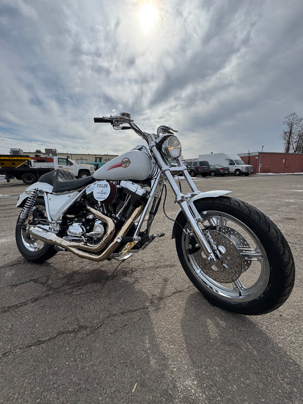 Stealth Pipes exhaust system on Harley FXR – rear angle, stainless muffler upgrade for 1985–1994 models