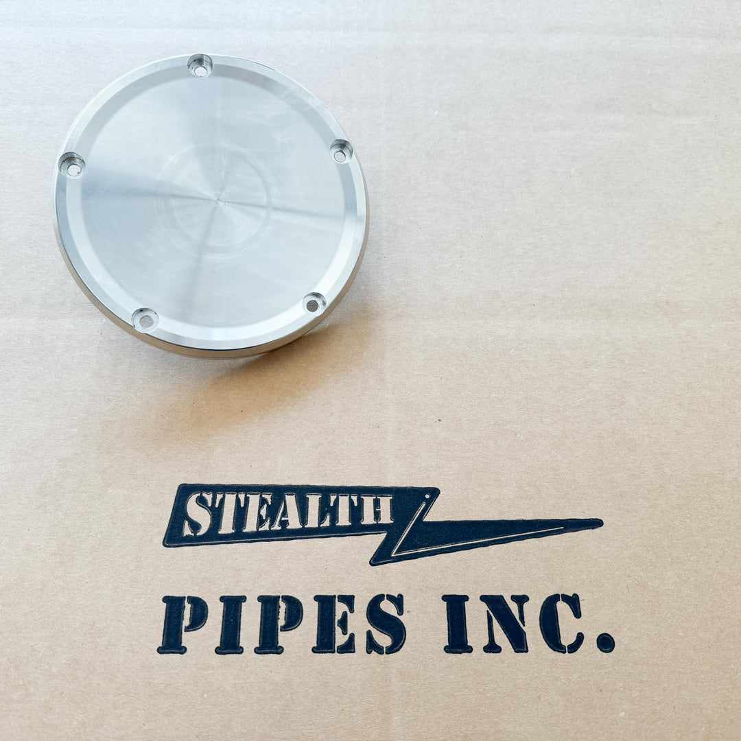 Stealth Pipes Twin Cam Derby Cover – raw machined aluminum cover for Harley Dyna, Softail, and Touring models (1999–2019)