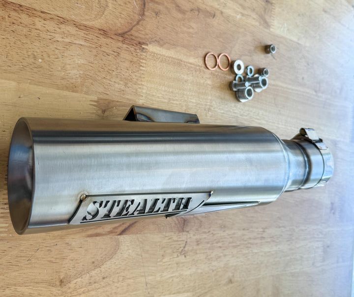 Stealth Pipes Breacher muffler close-up – stainless steel slip-on exhaust with engraved badge