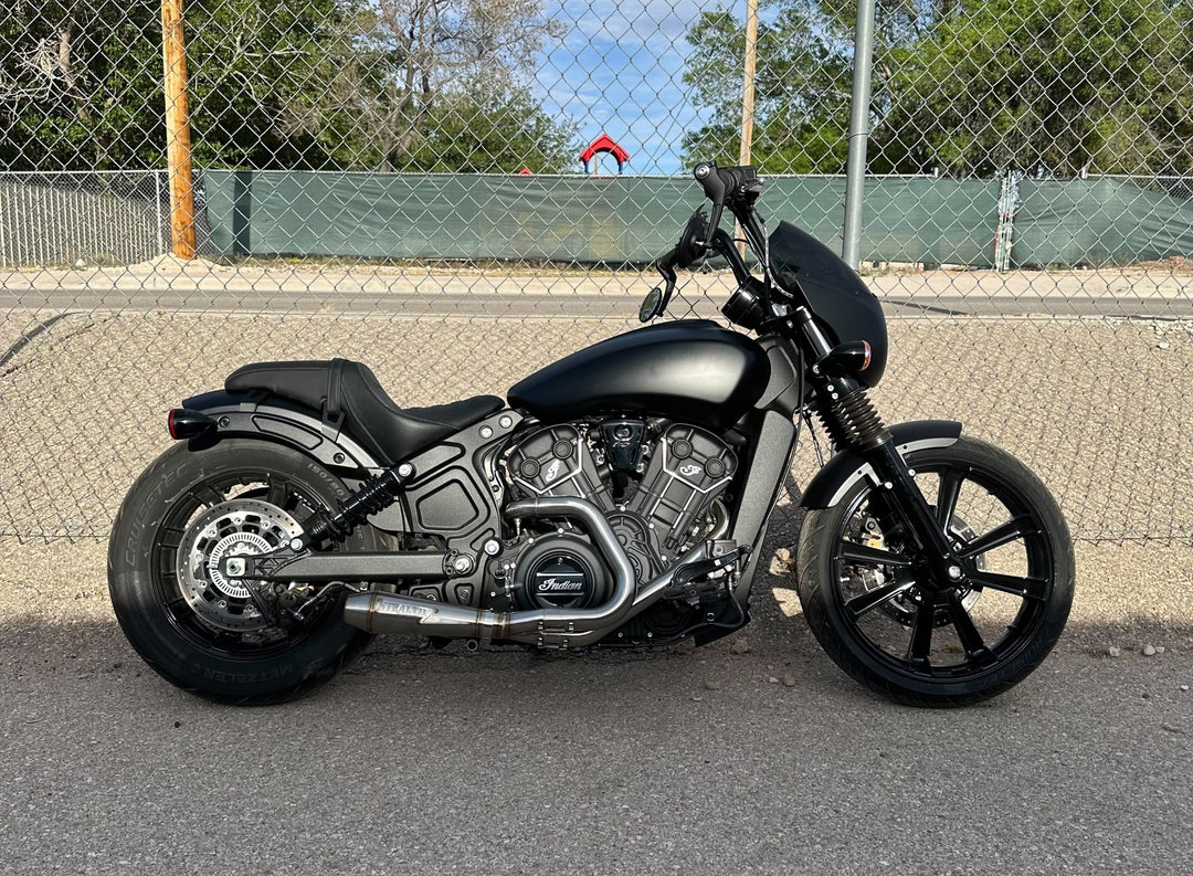 Indian Scout motorcycle with Stealth Pipes exhaust system installed – stainless muffler and headers
