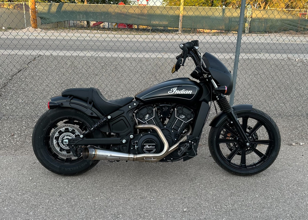 2015–2025 Indian Scout fitted with Stealth Pipes exhaust system – American-made performance upgrade