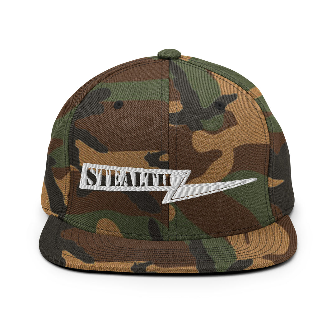 Stealth Pipes camo snapback hat with flat brim and embroidered Stealth logo patch