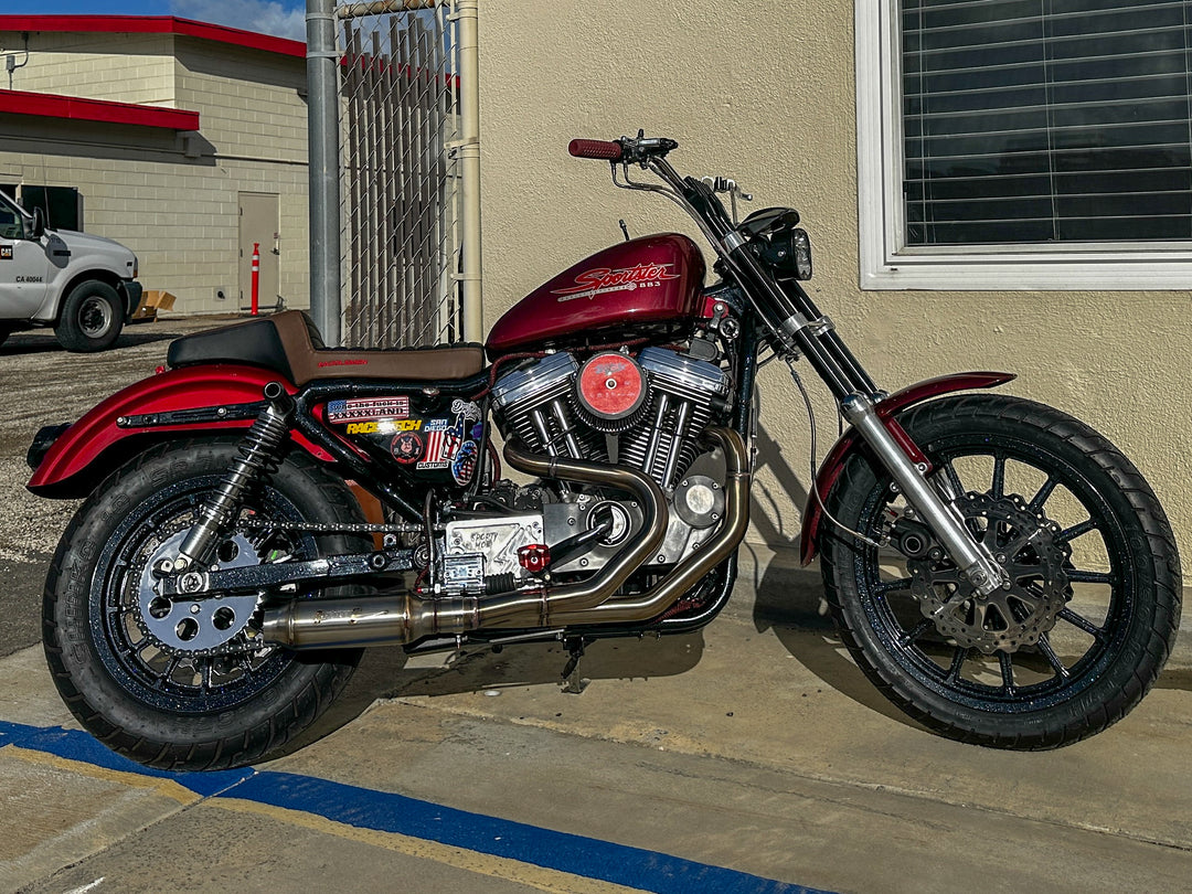Harley Sportster motorcycle with Stealth Pipes exhaust system – rider lifestyle photo, 1986–2003 model