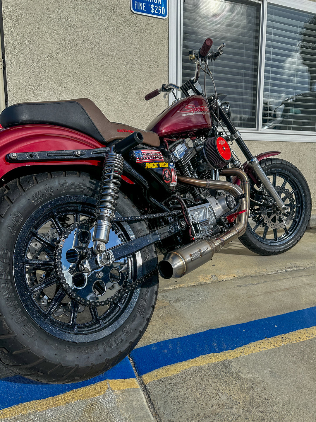 Harley Sportster motorcycle with Stealth Pipes exhaust system – rider lifestyle photo, 1986–2003 model