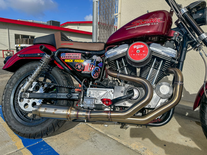 Harley Sportster motorcycle with Stealth Pipes exhaust system – rider lifestyle photo, 1986–2003 model