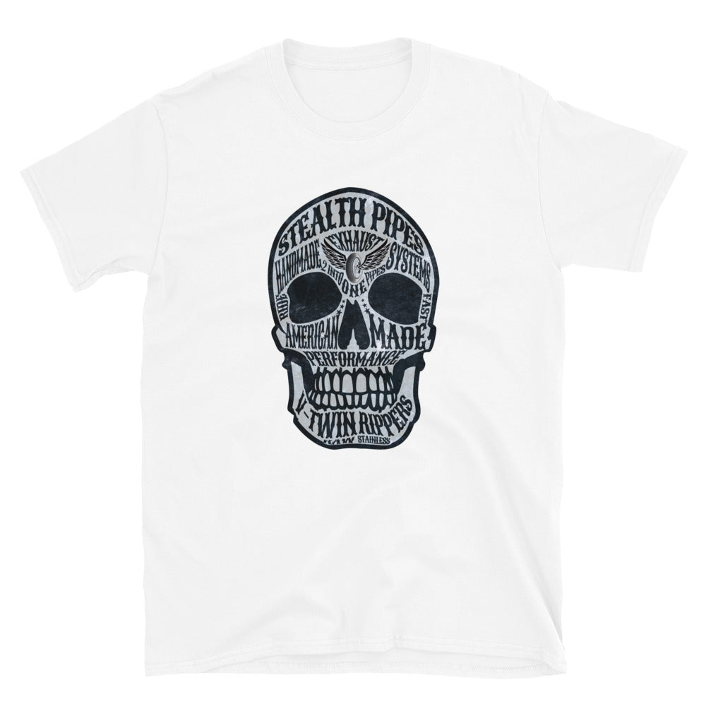 Stealth Gotta Have Skulls T-shirt in white – skull design with “Stealth Pipes Performance” text