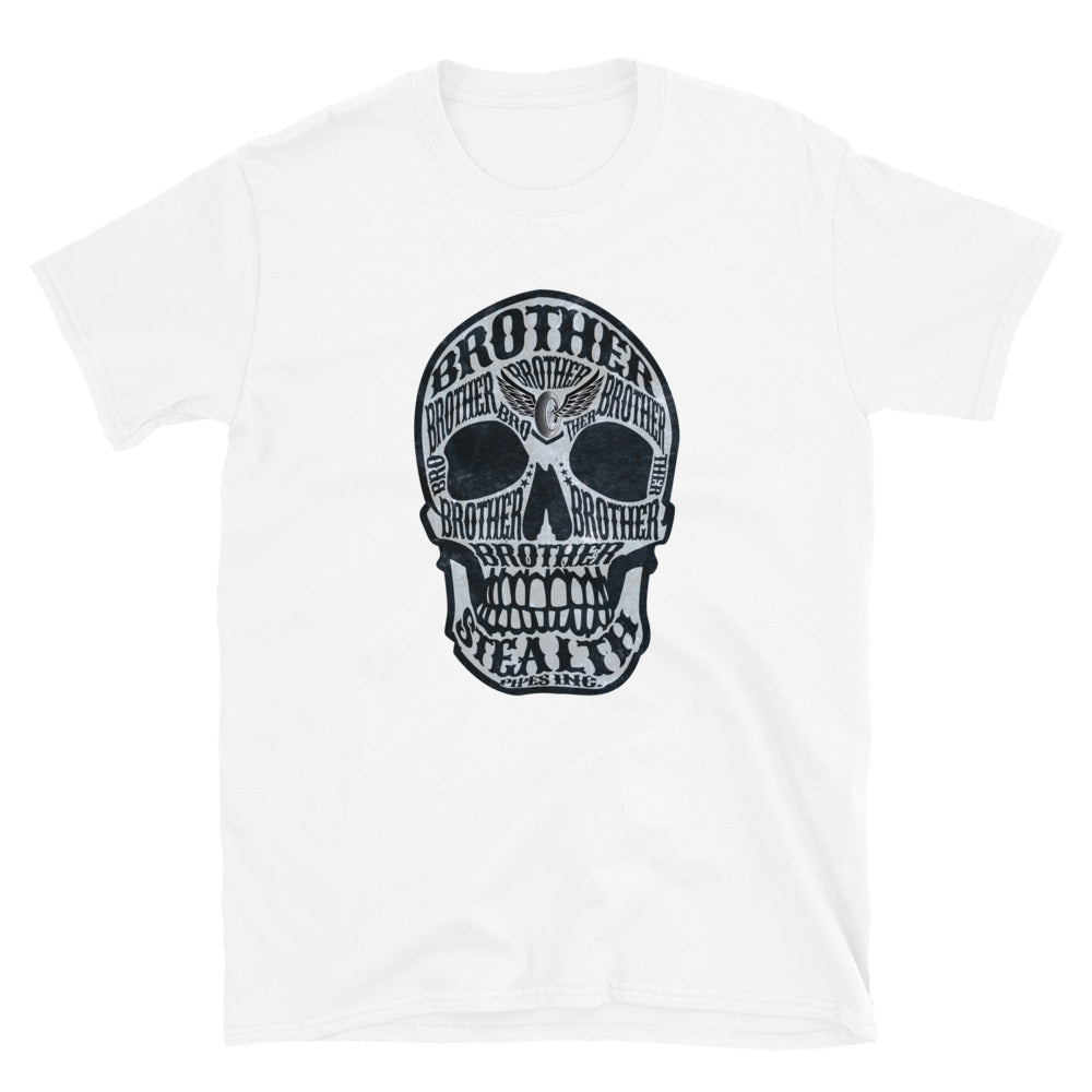 Stealth Brotherrrrr T-shirt in white – skull design with “Brotherrrrr Stealth Pipes” text