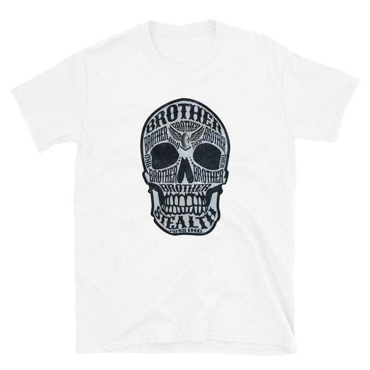 Stealth Brotherrrrr T-shirt in white – skull design with “Brotherrrrr Stealth Pipes” text