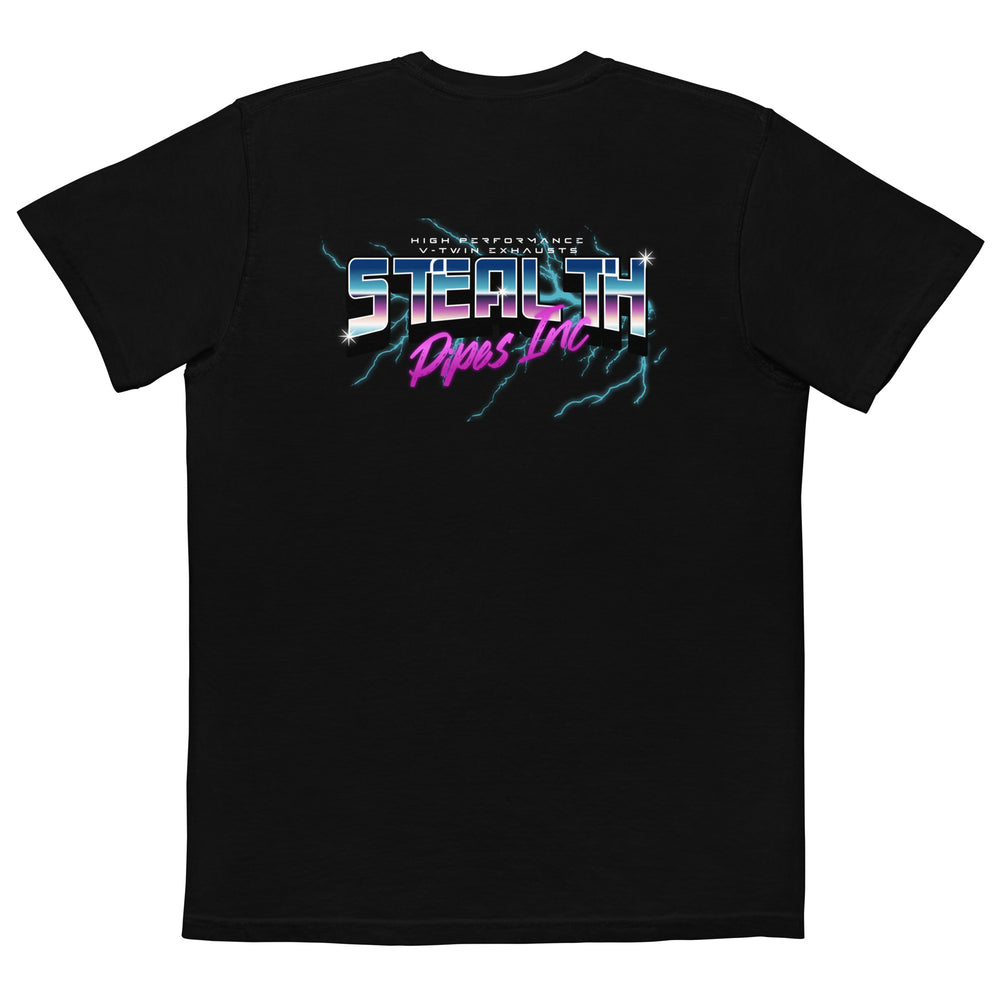 Stealth Pipes 80’s Electricity T-shirt – close-up of neon electric grid logo