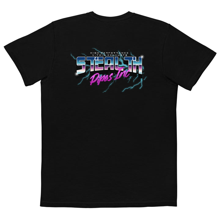 Stealth Pipes 80’s Electricity T-shirt – close-up of neon electric grid logo