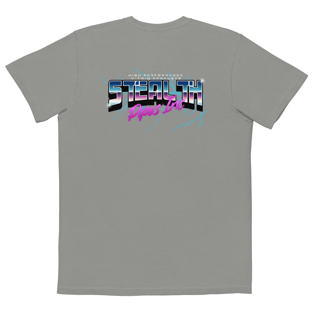 Stealth Pipes 80’s Electricity T-shirt in grey – neon electric logo close-up