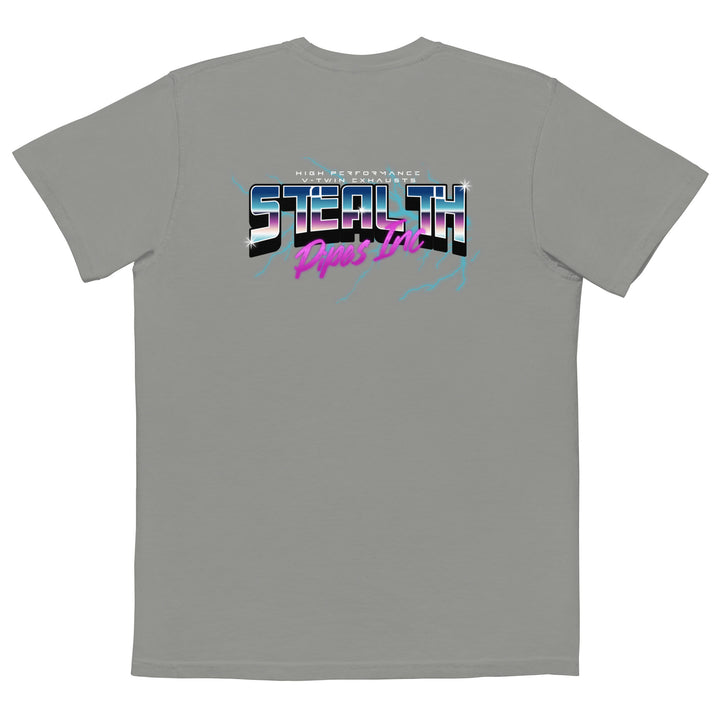 Stealth Pipes 80’s Electricity T-shirt in grey – neon electric logo close-up