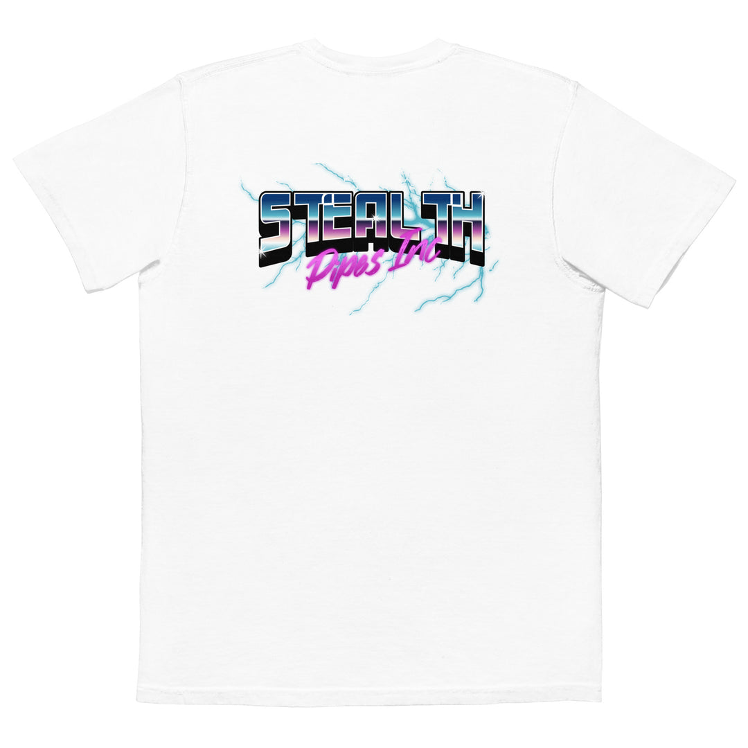 Stealth Pipes 80’s Electricity T-shirt in white – neon electric logo close-up