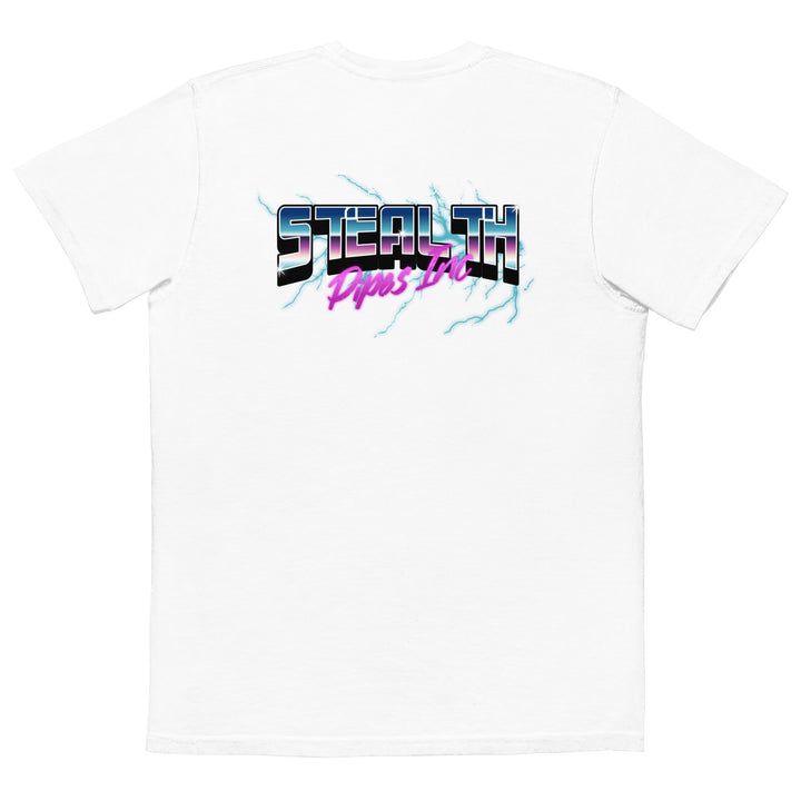 Stealth Pipes 80’s Electricity T-shirt in white – neon electric logo close-up