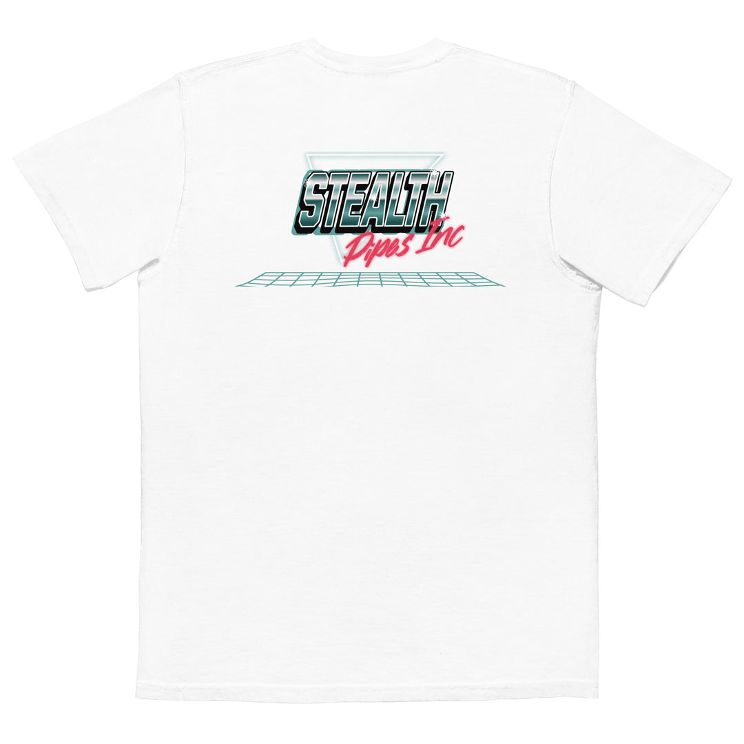 Stealth Pipes Tha Grid T-shirt in white – close-up of retro FXR grid logo