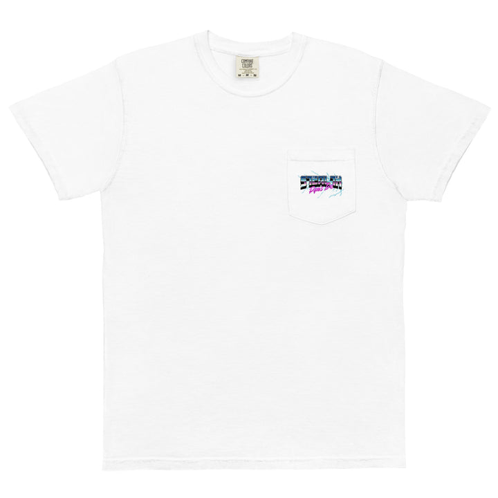 Stealth Pipes 80’s Electricity T-shirt in white – retro neon grid logo