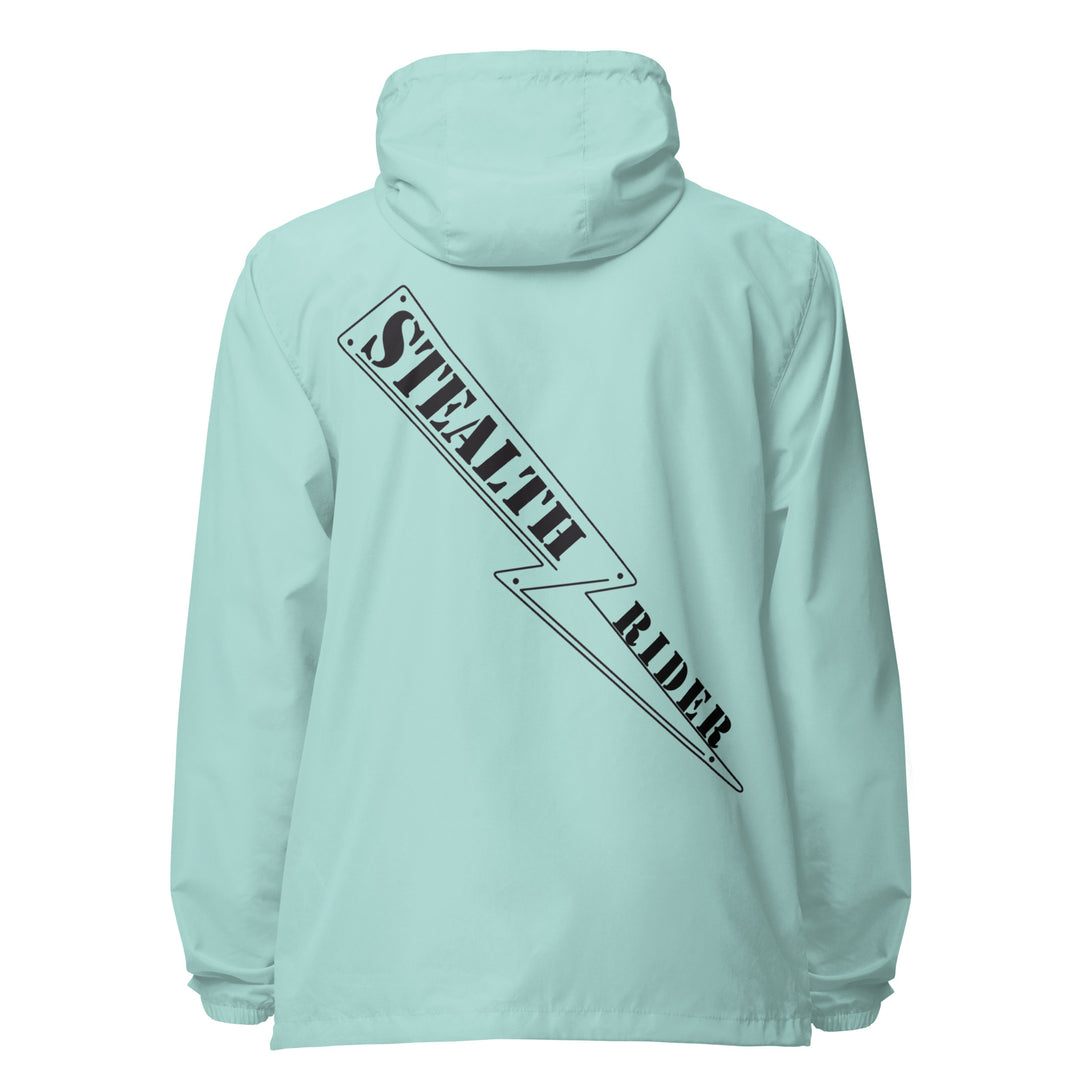 A high-visibility mint windbreaker with 'STEALTH RIDER' text on the back, featuring a hood, zippered front, and welt pockets.
