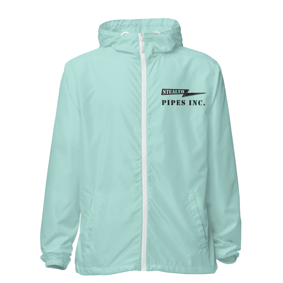 A high-visibility mint windbreaker with 'STEALTH RIDER' text on the back, featuring a hood, zippered front, and welt pockets.
