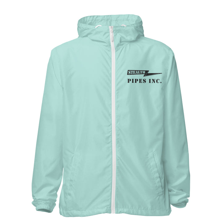 A high-visibility mint windbreaker with 'STEALTH RIDER' text on the back, featuring a hood, zippered front, and welt pockets.