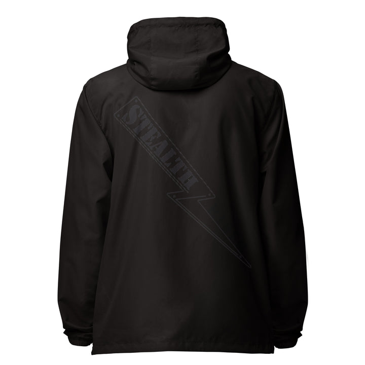 A high-visibility black windbreaker with 'STEALTH RIDER' text on the back, featuring a hood, zippered front, and welt pockets.