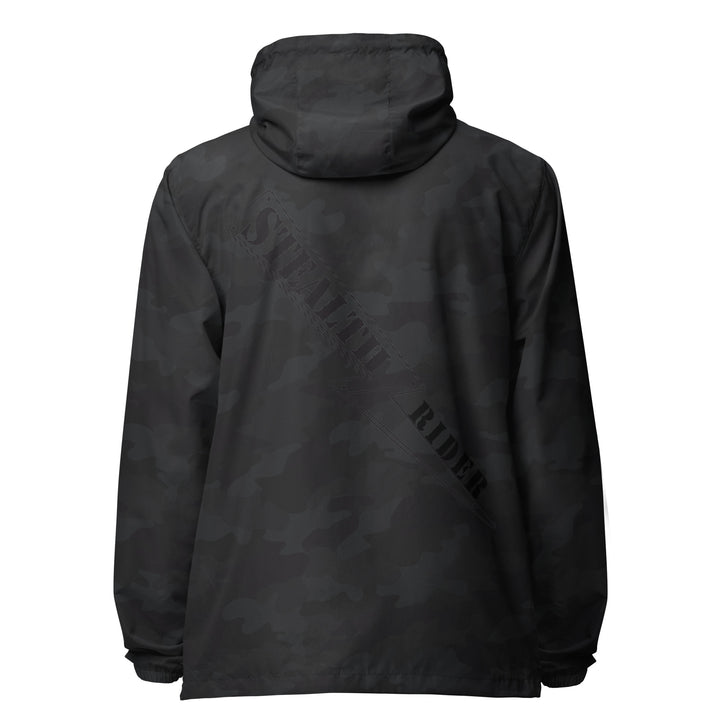 A high-visibility dark camo windbreaker with 'STEALTH RIDER' text on the back, featuring a hood, zippered front, and welt pockets.