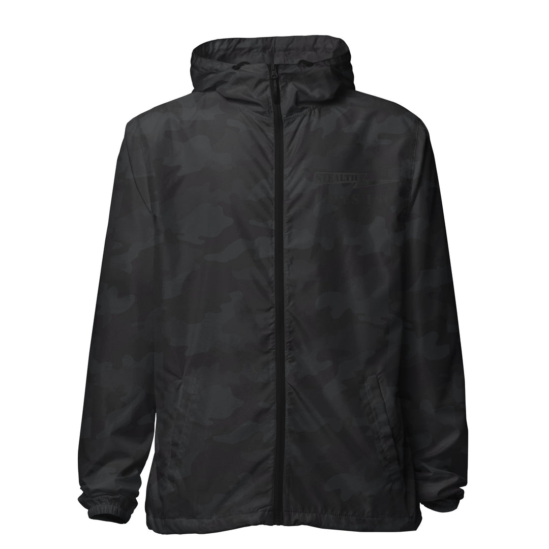 A high-visibility dark camo windbreaker with 'STEALTH RIDER' text on the back, featuring a hood, zippered front, and welt pockets.