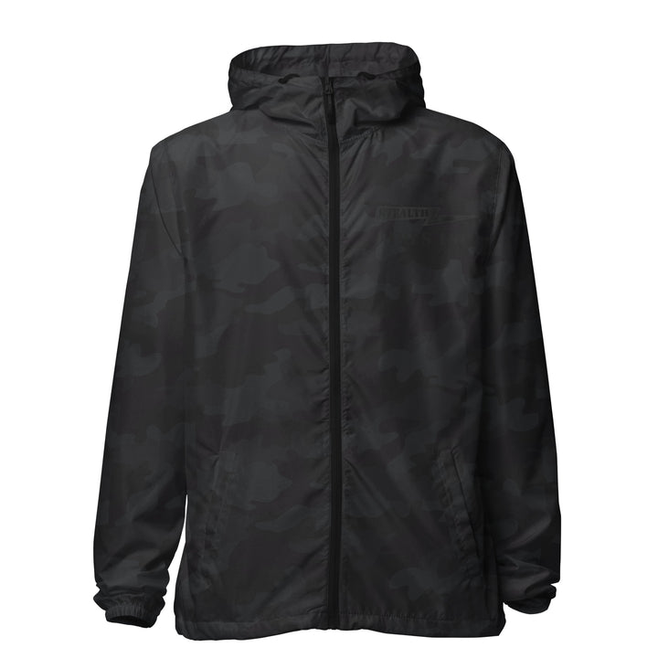 A high-visibility dark camo windbreaker with 'STEALTH RIDER' text on the back, featuring a hood, zippered front, and welt pockets.