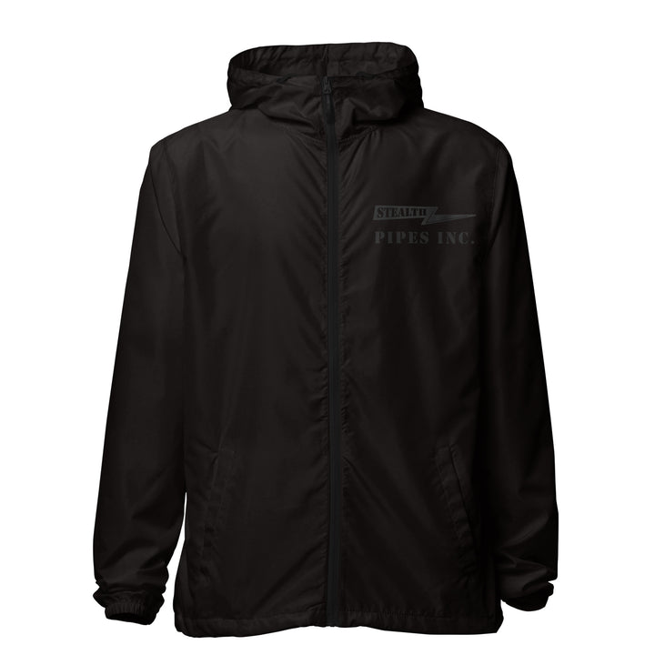 A high-visibility black windbreaker with 'STEALTH RIDER' text on the back, featuring a hood, zippered front, and welt pockets.