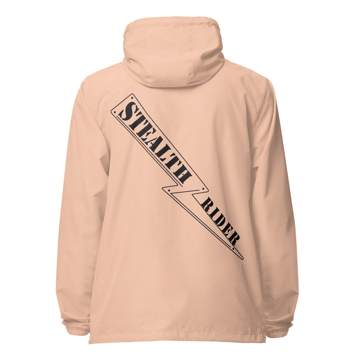 A high-visibility peach windbreaker with 'STEALTH RIDER' text on the back, featuring a hood, zippered front, and welt pockets.