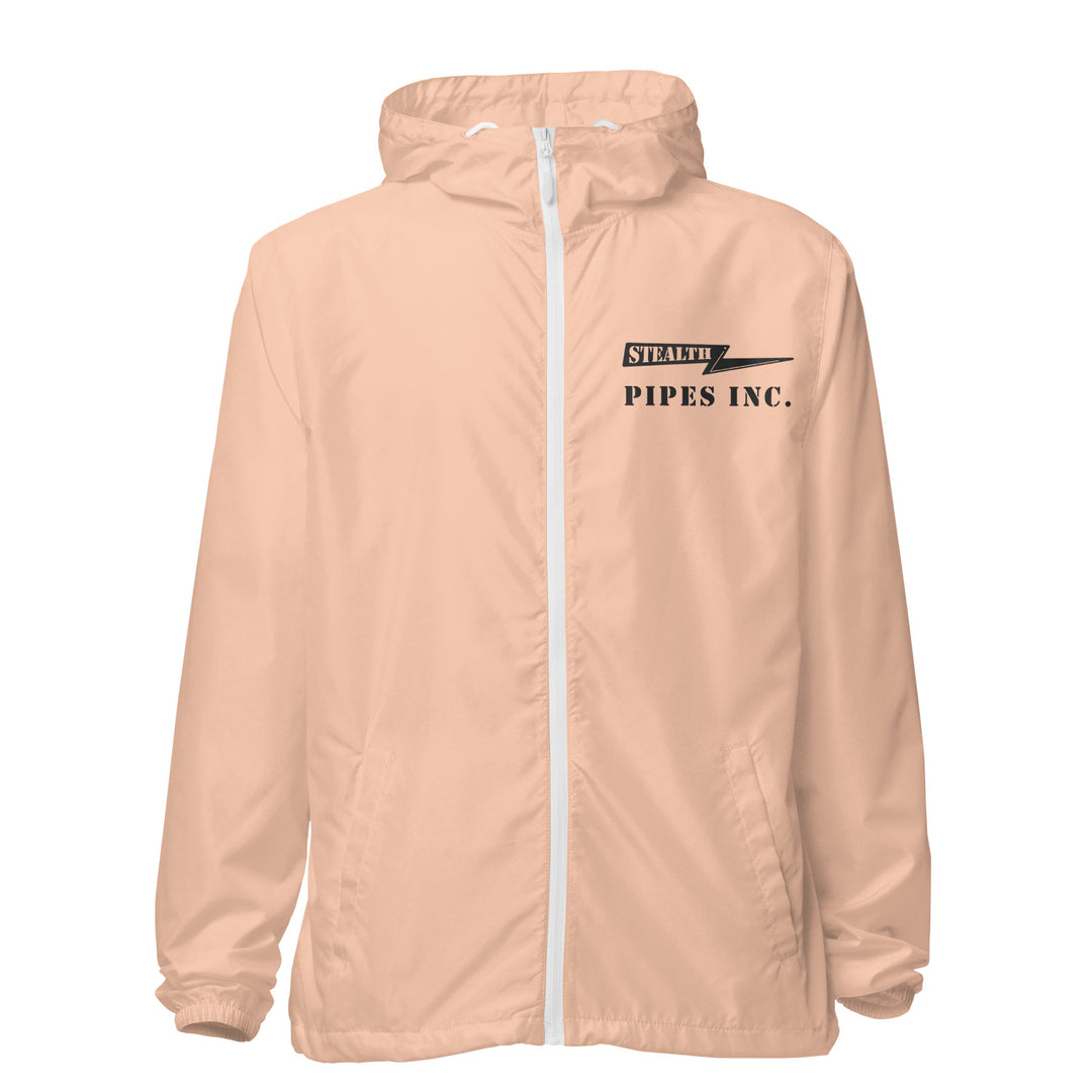A high-visibility peach windbreaker with 'STEALTH RIDER' text on the back, featuring a hood, zippered front, and welt pockets.