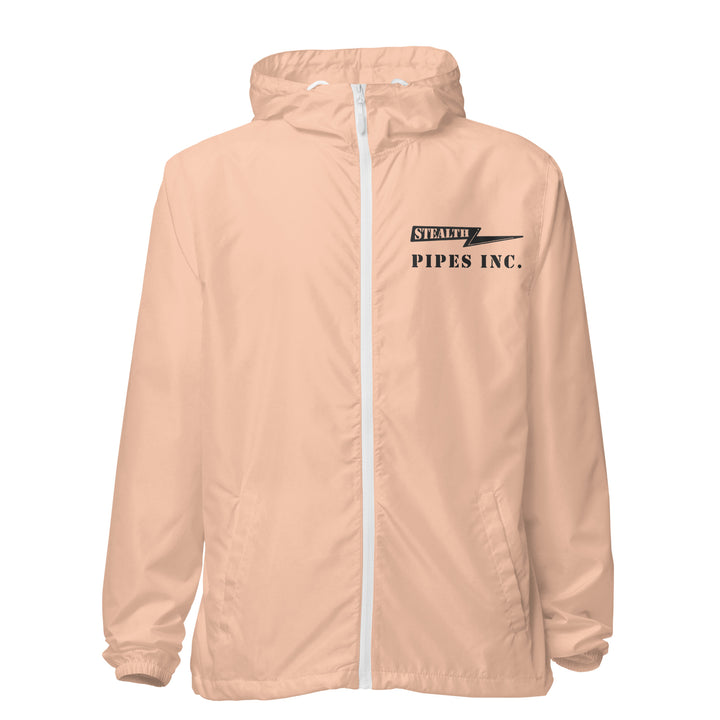 A high-visibility peach windbreaker with 'STEALTH RIDER' text on the back, featuring a hood, zippered front, and welt pockets.