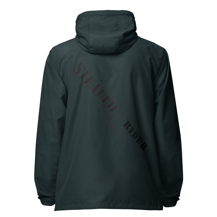 A high-visibility green windbreaker with 'STEALTH RIDER' text on the back, featuring a hood, zippered front, and welt pockets.