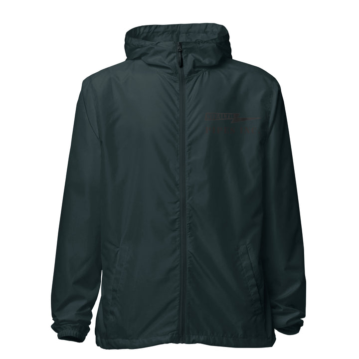 A high-visibility green windbreaker with 'STEALTH RIDER' text on the back, featuring a hood, zippered front, and welt pockets.