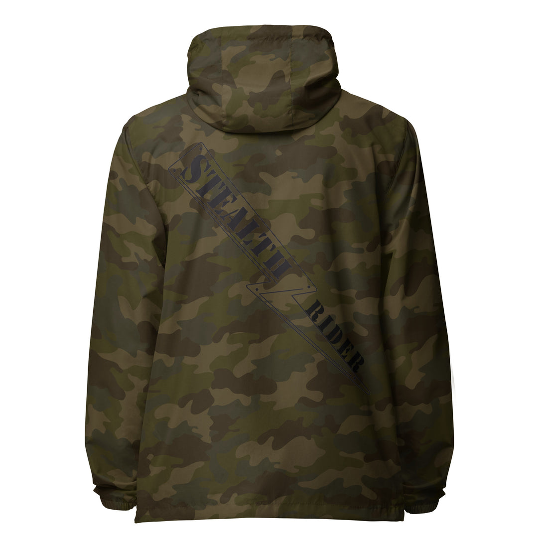 A high-visibility camo windbreaker with 'STEALTH RIDER' text on the back, featuring a hood, zippered front, and welt pockets.