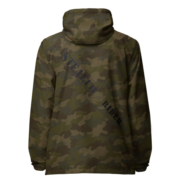 A high-visibility camo windbreaker with 'STEALTH RIDER' text on the back, featuring a hood, zippered front, and welt pockets.