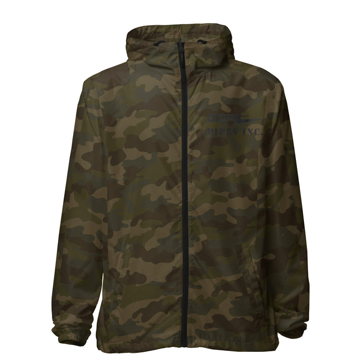 A high-visibility camo windbreaker with 'STEALTH RIDER' text on the back, featuring a hood, zippered front, and welt pockets.
