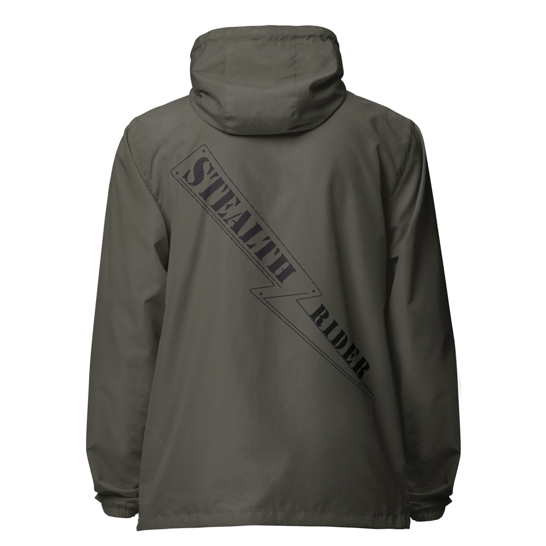 A high-visibility olive windbreaker with 'STEALTH RIDER' text on the back, featuring a hood, zippered front, and welt pockets.