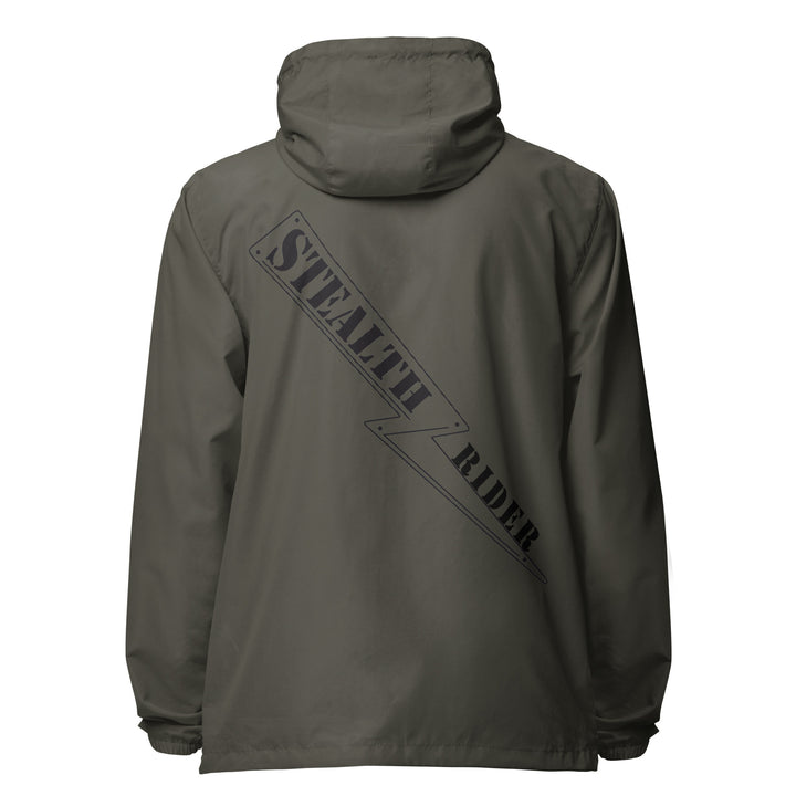 A high-visibility olive windbreaker with 'STEALTH RIDER' text on the back, featuring a hood, zippered front, and welt pockets.