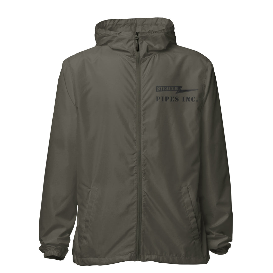 A high-visibility olive windbreaker with 'STEALTH RIDER' text on the back, featuring a hood, zippered front, and welt pockets.