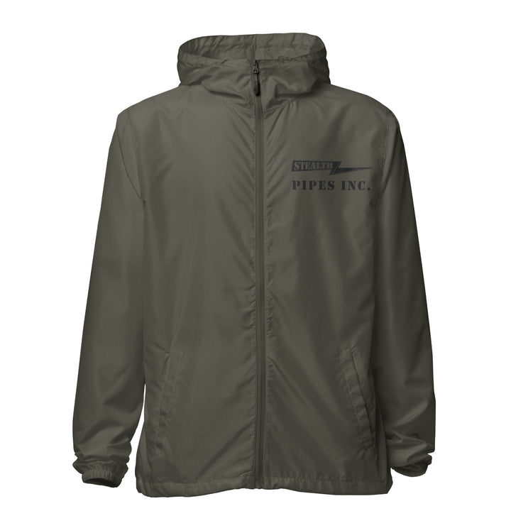 A high-visibility olive windbreaker with 'STEALTH RIDER' text on the back, featuring a hood, zippered front, and welt pockets.