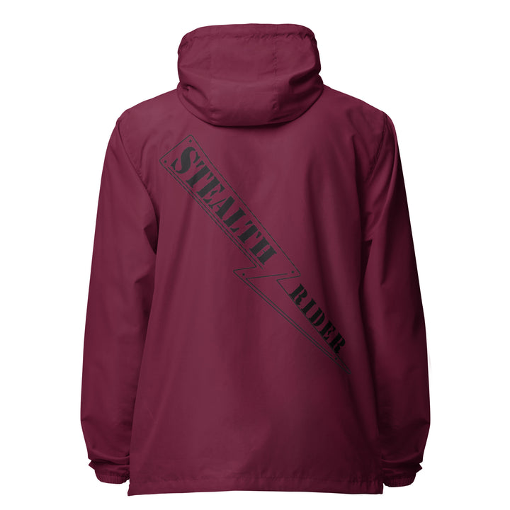 A high-visibility red windbreaker with 'STEALTH RIDER' text on the back, featuring a hood, zippered front, and welt pockets.