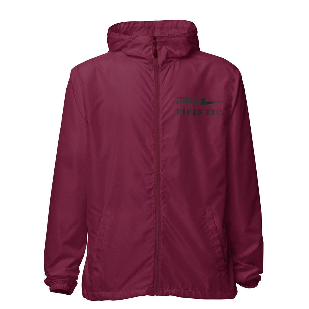 A high-visibility red windbreaker with 'STEALTH RIDER' text on the back, featuring a hood, zippered front, and welt pockets.