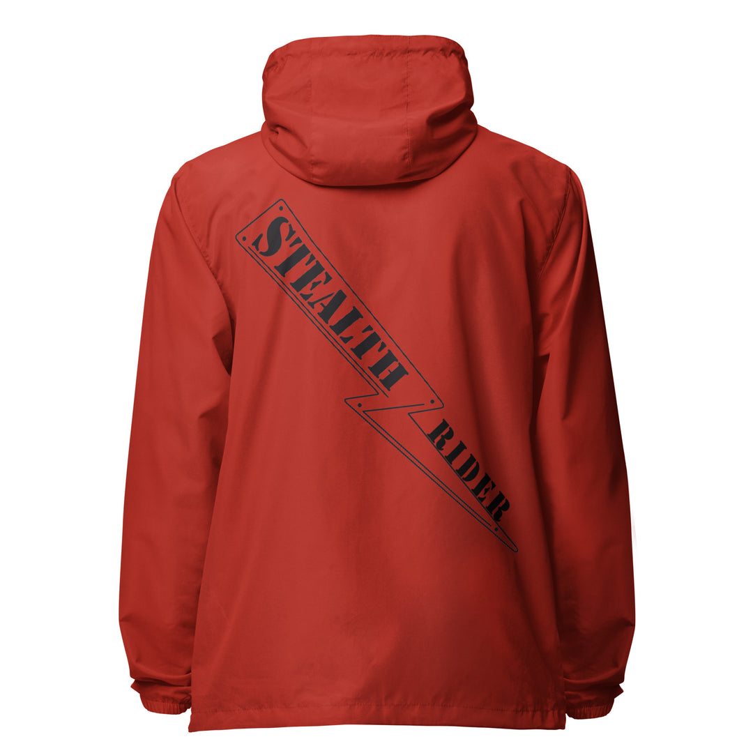 A high-visibility red windbreaker with 'STEALTH RIDER' text on the back, featuring a hood, zippered front, and welt pockets.