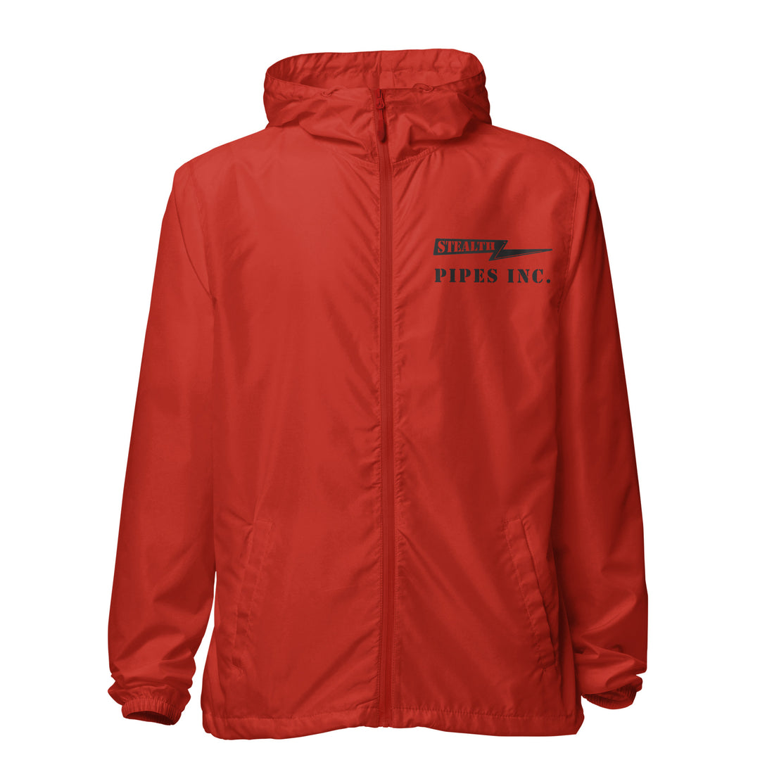 A high-visibility red windbreaker with 'STEALTH RIDER' text on the back, featuring a hood, zippered front, and welt pockets.